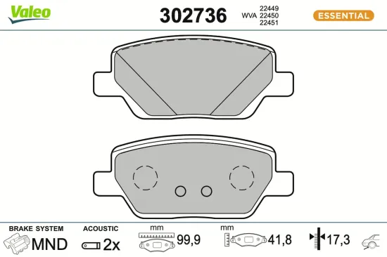 Bremsbelagsatz, Scheibenbremse Hinterachse VALEO 302736 Bild Bremsbelagsatz, Scheibenbremse Hinterachse VALEO 302736