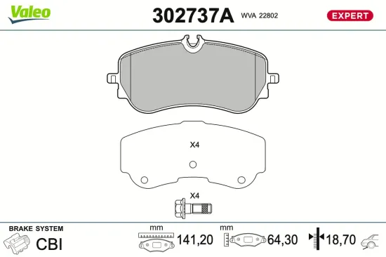 Bremsbelagsatz, Scheibenbremse Hinterachse VALEO 302737A Bild Bremsbelagsatz, Scheibenbremse Hinterachse VALEO 302737A