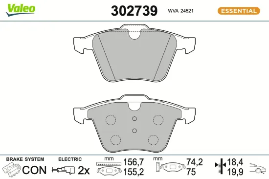 Bremsbelagsatz, Scheibenbremse Vorderachse VALEO 302739 Bild Bremsbelagsatz, Scheibenbremse Vorderachse VALEO 302739