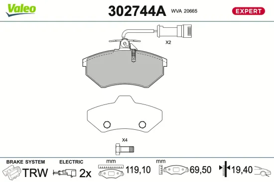 Bremsbelagsatz, Scheibenbremse Vorderachse VALEO 302744A Bild Bremsbelagsatz, Scheibenbremse Vorderachse VALEO 302744A