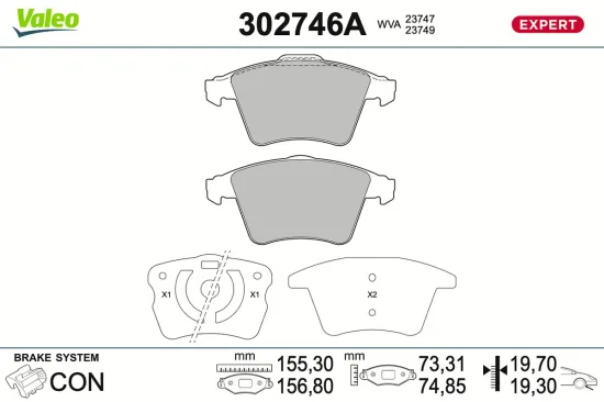 Bremsbelagsatz, Scheibenbremse Vorderachse VALEO 302746A Bild Bremsbelagsatz, Scheibenbremse Vorderachse VALEO 302746A