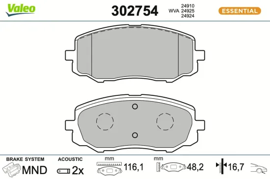 Bremsbelagsatz, Scheibenbremse Vorderachse VALEO 302754 Bild Bremsbelagsatz, Scheibenbremse Vorderachse VALEO 302754