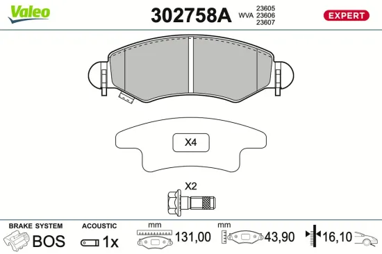 Bremsbelagsatz, Scheibenbremse Vorderachse VALEO 302758A Bild Bremsbelagsatz, Scheibenbremse Vorderachse VALEO 302758A