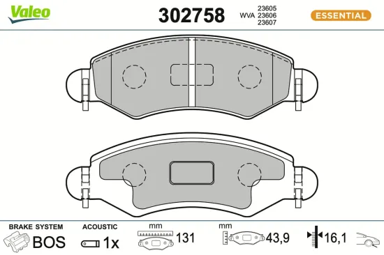 Bremsbelagsatz, Scheibenbremse Vorderachse VALEO 302758 Bild Bremsbelagsatz, Scheibenbremse Vorderachse VALEO 302758