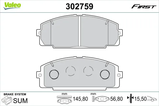 Bremsbelagsatz, Scheibenbremse Vorderachse VALEO 302759 Bild Bremsbelagsatz, Scheibenbremse Vorderachse VALEO 302759