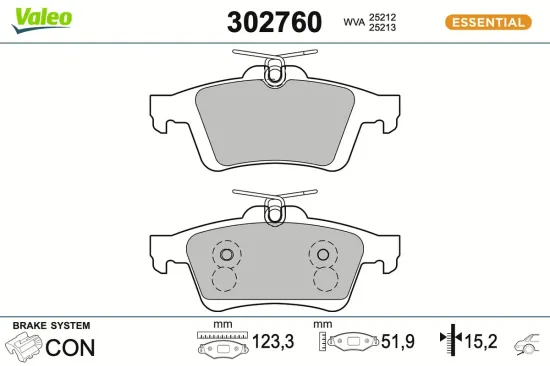 Bremsbelagsatz, Scheibenbremse Hinterachse VALEO 302760 Bild Bremsbelagsatz, Scheibenbremse Hinterachse VALEO 302760