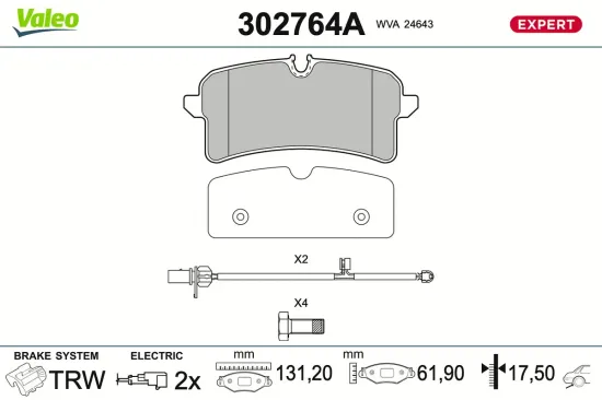 Bremsbelagsatz, Scheibenbremse Hinterachse VALEO 302764A Bild Bremsbelagsatz, Scheibenbremse Hinterachse VALEO 302764A
