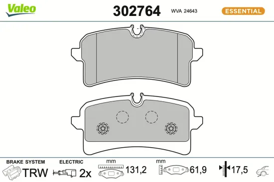 Bremsbelagsatz, Scheibenbremse Hinterachse VALEO 302764 Bild Bremsbelagsatz, Scheibenbremse Hinterachse VALEO 302764