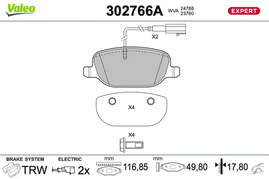 Bremsbelagsatz, Scheibenbremse Hinterachse VALEO 302766A Bild Bremsbelagsatz, Scheibenbremse Hinterachse VALEO 302766A