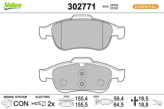 Bremsbelagsatz, Scheibenbremse Vorderachse VALEO 302771 Bild Bremsbelagsatz, Scheibenbremse Vorderachse VALEO 302771