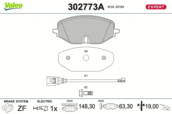 Bremsbelagsatz, Scheibenbremse Vorderachse VALEO 302773A Bild Bremsbelagsatz, Scheibenbremse Vorderachse VALEO 302773A