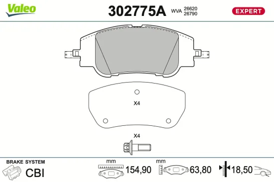 Bremsbelagsatz, Scheibenbremse Vorderachse VALEO 302775A Bild Bremsbelagsatz, Scheibenbremse Vorderachse VALEO 302775A