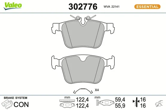 Bremsbelagsatz, Scheibenbremse Hinterachse VALEO 302776 Bild Bremsbelagsatz, Scheibenbremse Hinterachse VALEO 302776