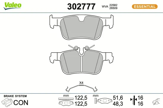 Bremsbelagsatz, Scheibenbremse Hinterachse VALEO 302777 Bild Bremsbelagsatz, Scheibenbremse Hinterachse VALEO 302777