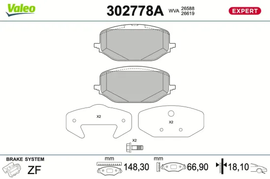 Bremsbelagsatz, Scheibenbremse Vorderachse VALEO 302778A Bild Bremsbelagsatz, Scheibenbremse Vorderachse VALEO 302778A