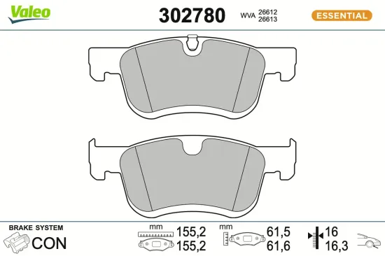 Bremsbelagsatz, Scheibenbremse Vorderachse VALEO 302780 Bild Bremsbelagsatz, Scheibenbremse Vorderachse VALEO 302780