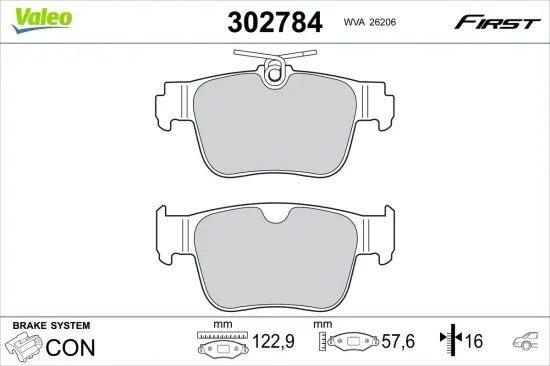 Bremsbelagsatz, Scheibenbremse Hinterachse VALEO 302784 Bild Bremsbelagsatz, Scheibenbremse Hinterachse VALEO 302784
