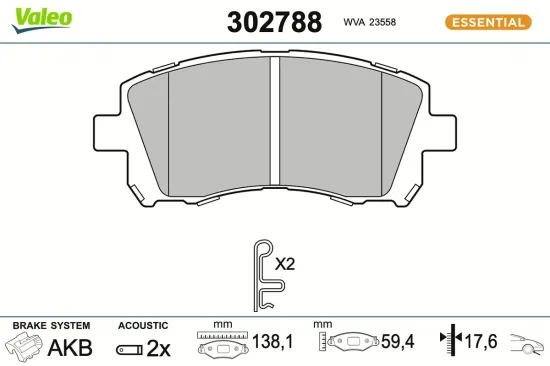 Bremsbelagsatz, Scheibenbremse Vorderachse VALEO 302788 Bild Bremsbelagsatz, Scheibenbremse Vorderachse VALEO 302788