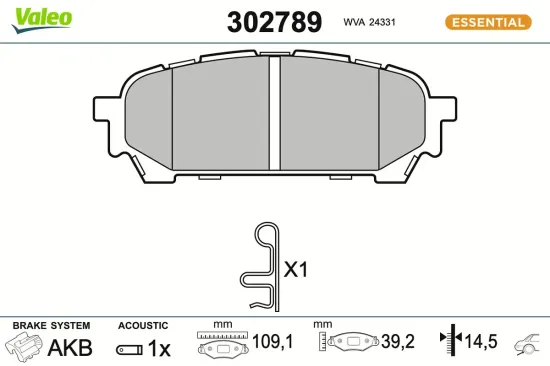 Bremsbelagsatz, Scheibenbremse Hinterachse VALEO 302789 Bild Bremsbelagsatz, Scheibenbremse Hinterachse VALEO 302789