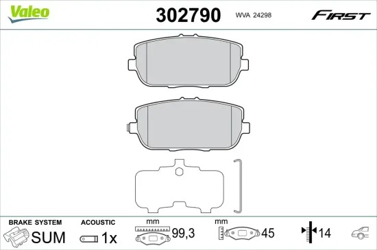 Bremsbelagsatz, Scheibenbremse Hinterachse VALEO 302790 Bild Bremsbelagsatz, Scheibenbremse Hinterachse VALEO 302790