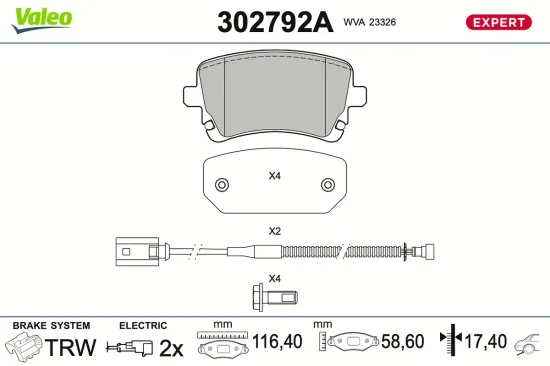 Bremsbelagsatz, Scheibenbremse Hinterachse VALEO 302792A Bild Bremsbelagsatz, Scheibenbremse Hinterachse VALEO 302792A