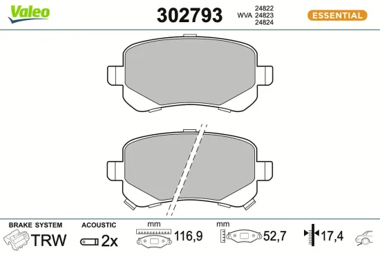 Bremsbelagsatz, Scheibenbremse Hinterachse VALEO 302793 Bild Bremsbelagsatz, Scheibenbremse Hinterachse VALEO 302793