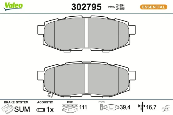 Bremsbelagsatz, Scheibenbremse Hinterachse VALEO 302795 Bild Bremsbelagsatz, Scheibenbremse Hinterachse VALEO 302795