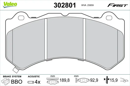 Bremsbelagsatz, Scheibenbremse Vorderachse VALEO 302801 Bild Bremsbelagsatz, Scheibenbremse Vorderachse VALEO 302801