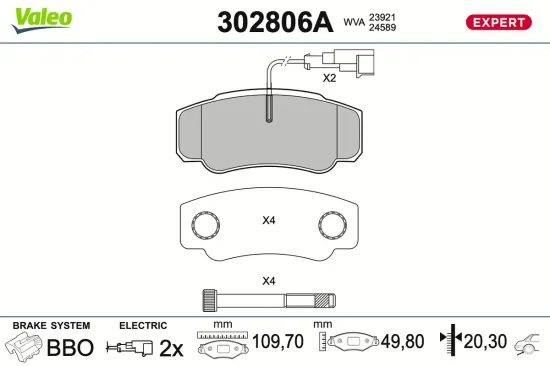 Bremsbelagsatz, Scheibenbremse Hinterachse VALEO 302806A Bild Bremsbelagsatz, Scheibenbremse Hinterachse VALEO 302806A