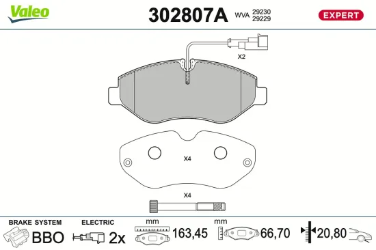 Bremsbelagsatz, Scheibenbremse Vorderachse VALEO 302807A Bild Bremsbelagsatz, Scheibenbremse Vorderachse VALEO 302807A