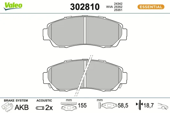 Bremsbelagsatz, Scheibenbremse Vorderachse VALEO 302810 Bild Bremsbelagsatz, Scheibenbremse Vorderachse VALEO 302810