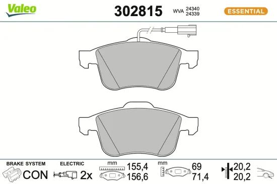 Bremsbelagsatz, Scheibenbremse Vorderachse VALEO 302815 Bild Bremsbelagsatz, Scheibenbremse Vorderachse VALEO 302815