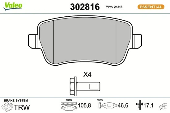 Bremsbelagsatz, Scheibenbremse Hinterachse VALEO 302816 Bild Bremsbelagsatz, Scheibenbremse Hinterachse VALEO 302816