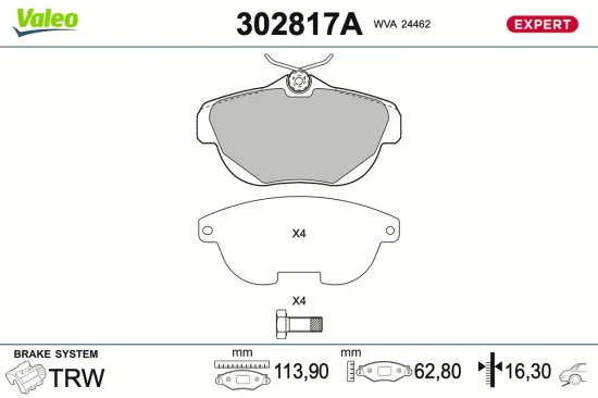 Bremsbelagsatz, Scheibenbremse Hinterachse VALEO 302817A Bild Bremsbelagsatz, Scheibenbremse Hinterachse VALEO 302817A