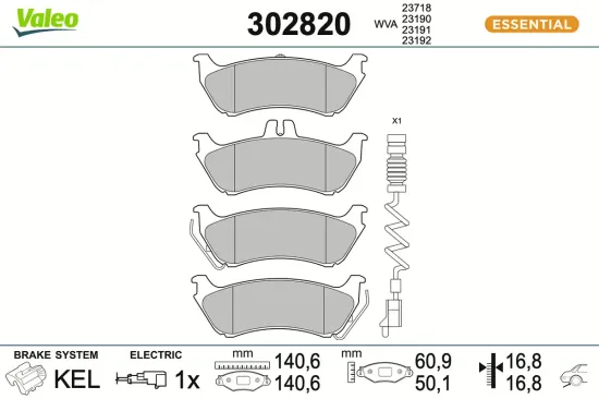 Bremsbelagsatz, Scheibenbremse Hinterachse VALEO 302820 Bild Bremsbelagsatz, Scheibenbremse Hinterachse VALEO 302820