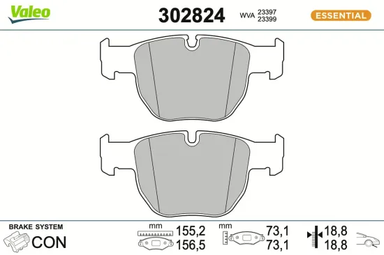 Bremsbelagsatz, Scheibenbremse Vorderachse VALEO 302824 Bild Bremsbelagsatz, Scheibenbremse Vorderachse VALEO 302824