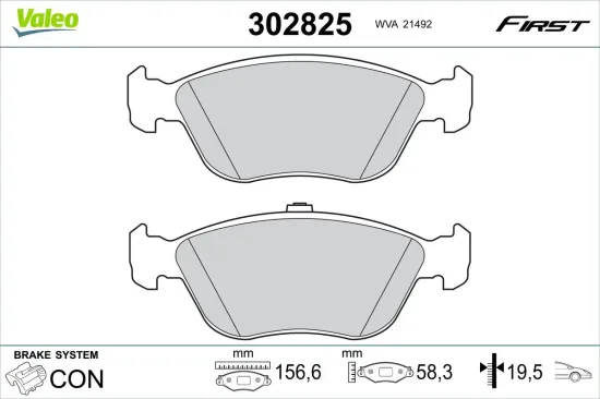 Bremsbelagsatz, Scheibenbremse Vorderachse VALEO 302825 Bild Bremsbelagsatz, Scheibenbremse Vorderachse VALEO 302825