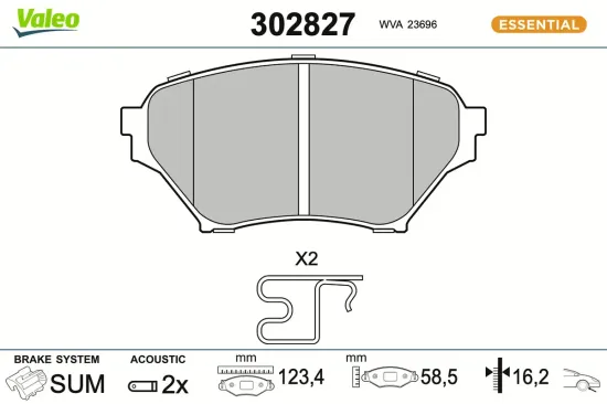 Bremsbelagsatz, Scheibenbremse Vorderachse VALEO 302827 Bild Bremsbelagsatz, Scheibenbremse Vorderachse VALEO 302827
