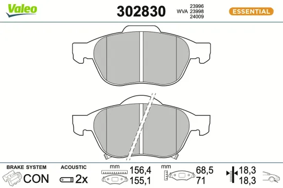 Bremsbelagsatz, Scheibenbremse Vorderachse VALEO 302830 Bild Bremsbelagsatz, Scheibenbremse Vorderachse VALEO 302830
