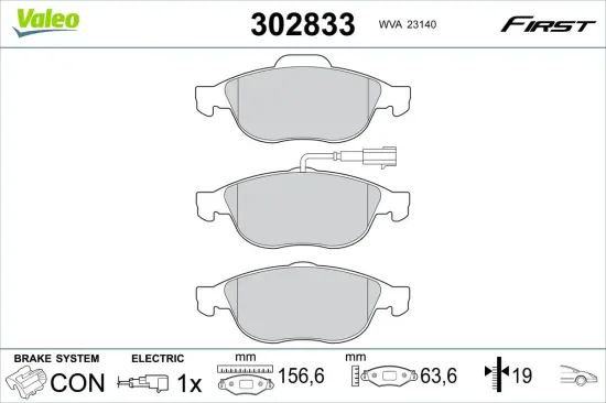 Bremsbelagsatz, Scheibenbremse Vorderachse VALEO 302833 Bild Bremsbelagsatz, Scheibenbremse Vorderachse VALEO 302833