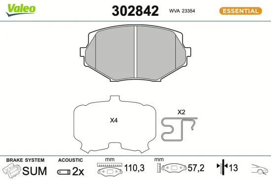 Bremsbelagsatz, Scheibenbremse Vorderachse VALEO 302842 Bild Bremsbelagsatz, Scheibenbremse Vorderachse VALEO 302842