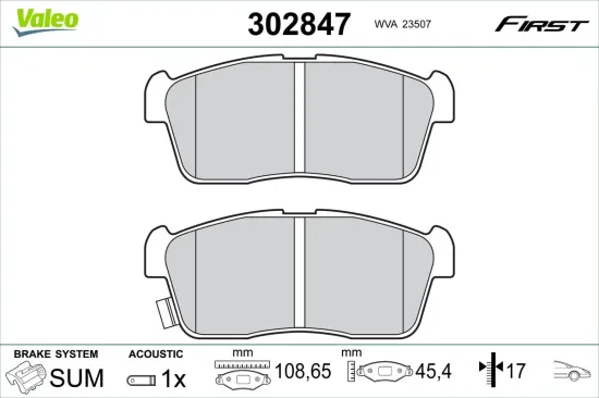 Bremsbelagsatz, Scheibenbremse Vorderachse VALEO 302847 Bild Bremsbelagsatz, Scheibenbremse Vorderachse VALEO 302847