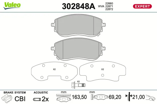 Bremsbelagsatz, Scheibenbremse Vorderachse VALEO 302848A Bild Bremsbelagsatz, Scheibenbremse Vorderachse VALEO 302848A