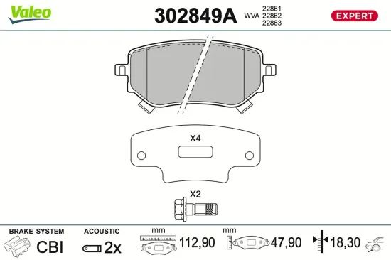 Bremsbelagsatz, Scheibenbremse Hinterachse VALEO 302849A Bild Bremsbelagsatz, Scheibenbremse Hinterachse VALEO 302849A