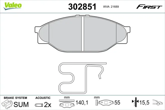 Bremsbelagsatz, Scheibenbremse Vorderachse VALEO 302851 Bild Bremsbelagsatz, Scheibenbremse Vorderachse VALEO 302851