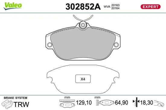 Bremsbelagsatz, Scheibenbremse Vorderachse VALEO 302852A Bild Bremsbelagsatz, Scheibenbremse Vorderachse VALEO 302852A