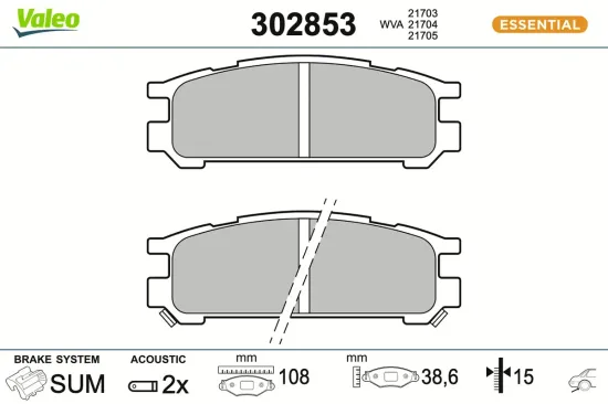 Bremsbelagsatz, Scheibenbremse Hinterachse VALEO 302853 Bild Bremsbelagsatz, Scheibenbremse Hinterachse VALEO 302853