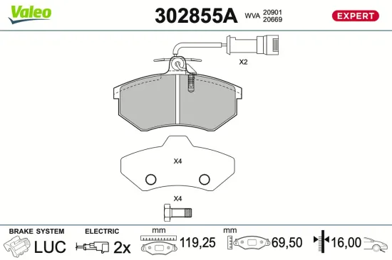 Bremsbelagsatz, Scheibenbremse Vorderachse VALEO 302855A Bild Bremsbelagsatz, Scheibenbremse Vorderachse VALEO 302855A