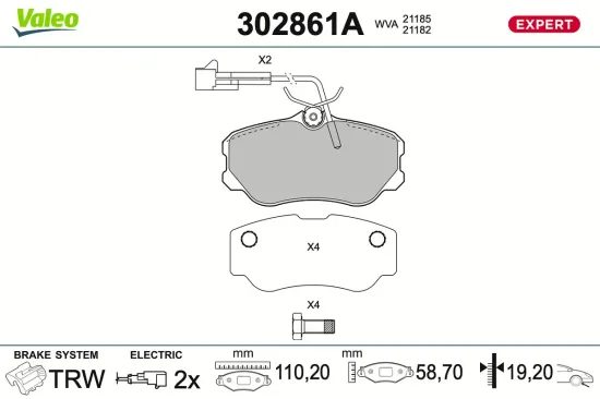Bremsbelagsatz, Scheibenbremse Vorderachse VALEO 302861A Bild Bremsbelagsatz, Scheibenbremse Vorderachse VALEO 302861A