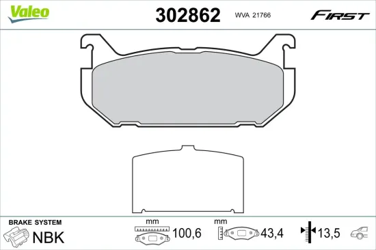 Bremsbelagsatz, Scheibenbremse Hinterachse VALEO 302862 Bild Bremsbelagsatz, Scheibenbremse Hinterachse VALEO 302862